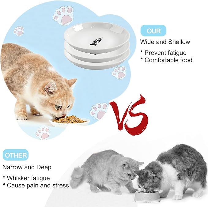 3 Pack Cat Food Bowl Ceramic Cat Bowls for Indoor Cats Plates Anti Whisker Fatigue Bowl Set，5.9 inch Wide Shallow Ceramic Cats Dishes for Food and Water (Cat's Paw+Fishbone)
