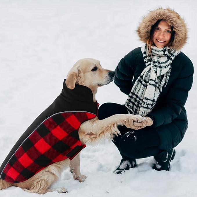 Kuoser Dog Winter Coat, Reversible Waterproof Dog Jacket with Reflective Strip, Warm Dogs Fleece Vest Adjustable Doggy Cold Weather Clothes Plaid Christmas Outfit Pet Apparel for Small Dogs, Red XS