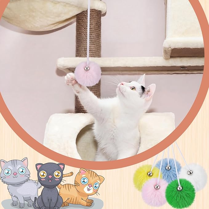 Simgoing 15 Pack Cat Tree Ball Replacement Parts Hanging Interactive Cats Toy with Bell Elastic Rope Pom Pom Kitten Scratching Post Tree Tower Parts Ball Fit Most Cat Towers Indoor Kitten(Multicolor)