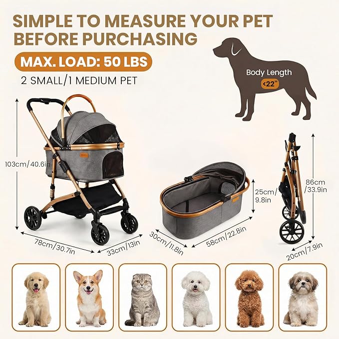3-in-1 Dog Stroller with Rain Cover, Quick Foldable, Detachable Carrier & Car Seat, for Medium Dogs Cats Up to 50 lbs, Anti-Shock Solid Rubber Wheels, Grey