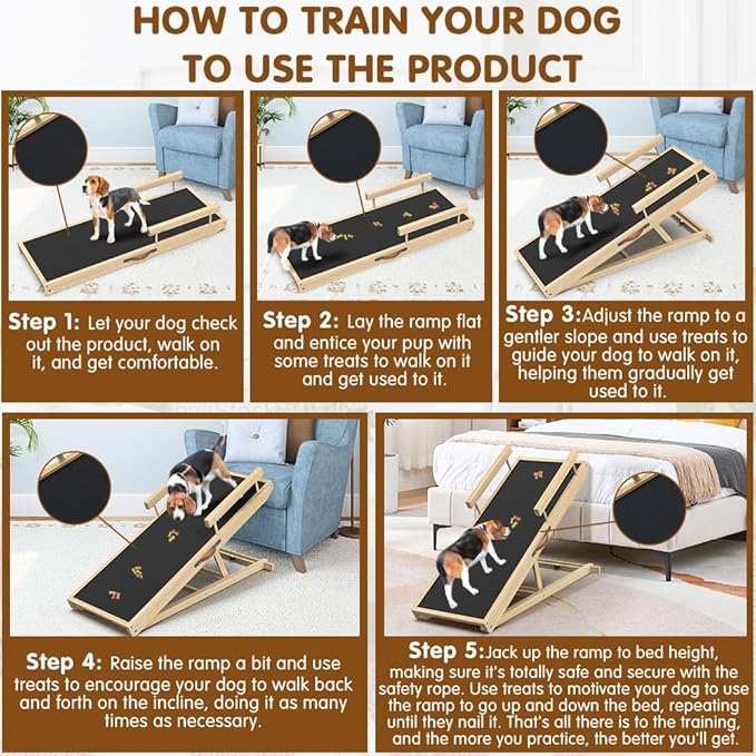 Dog Ramp for Bed and Couch - 55" Extra Long Wooden Pet Ramp with Non-Slip Silicone Surface & Side Rails, 6 Adjustable Heights (19.7"-27.6"), 250 lb Capacity, Safe Mobility for Senior Large Dogs