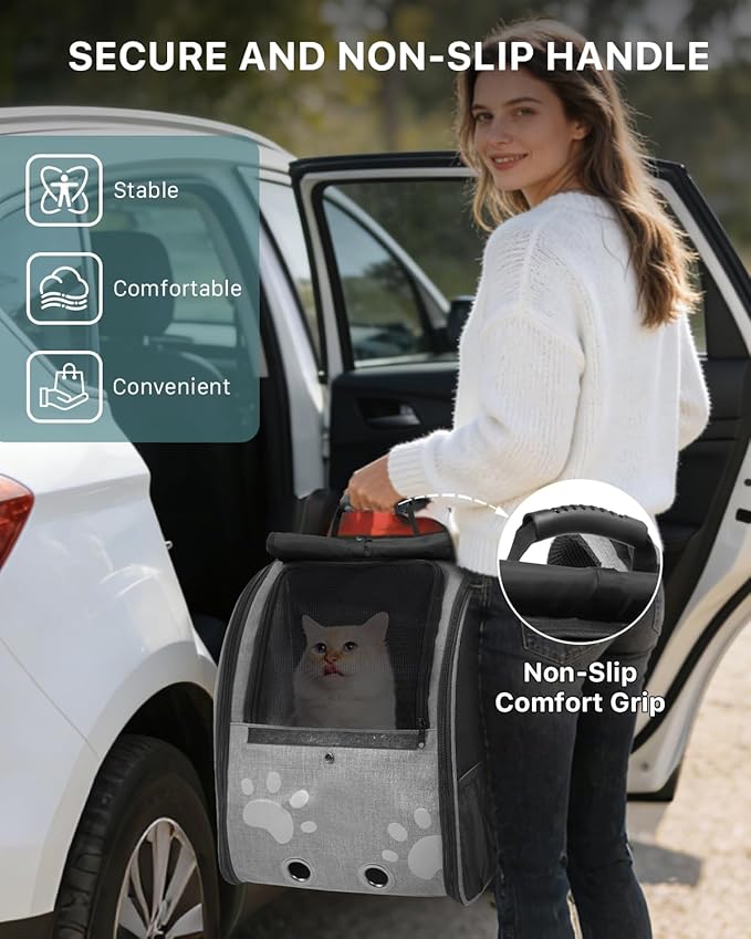 Cat Backpack Carrier with Comfort Handle, Ventilated Cat Backpack with Reflective Strips, with Chest and Shoulder Buckles, Foldable Cat Carrying Backpack for Kitty Small Dog up to 15lbs(Grey).