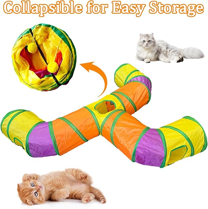 3-Way Cat Tunnels for Indoor Cats with Peek Hole, Large Foldable Rainbow Pet Tube Toy with Hanging Ball, Fun Interactive Toys for Kittens, Rabbits, Small Dogs