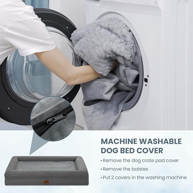 Orthopedic Dog Beds for Large Dogs, Big Waterproof Dog Bed with Removable Bolster, Nonskid Bottom and Egg Crate Foam Pet Mat, Large Pet Bed with Washable Removable Cover, Grey