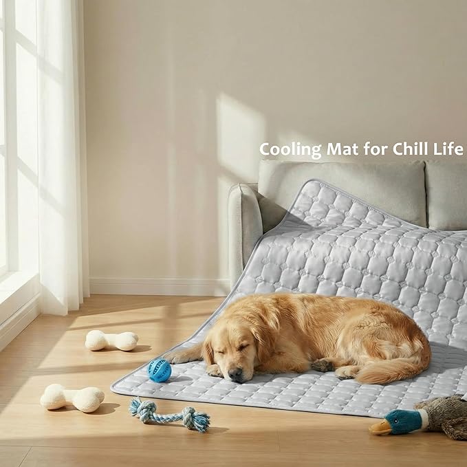 FunFurry Cooling Mat for Dogs，36"X27" Extra Large Pet Pad，Q-Max>0.5 Rapid Cooling Dense Weave Fabric，Washable Kennel Mat with Non-Slip Bottom (Light Grey, L)
