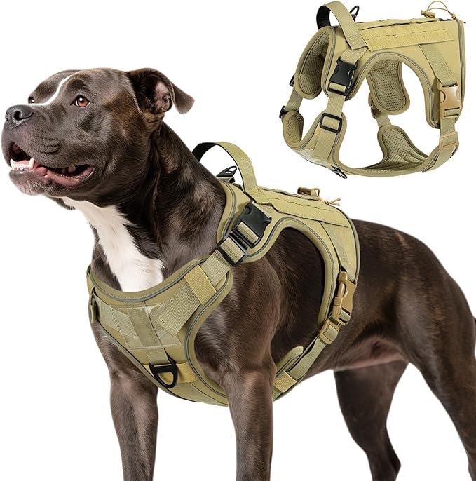 VavoPaw Heavy Duty Tactical Dog Harness for Medium Dogs, No Pull Adjustable Pet Harness Reflective Service Training Easy Control Pet Vest Military K9 Working Dog Harnesses, Army Yellow, M