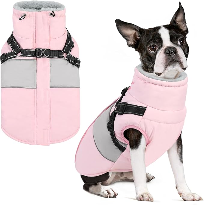 Small Dog Coat with Harness Built in, Warm Dog Jacket Winter with Zipper On Back, Waterproof Pet Snow Jacket Snowsuit Pet Sweater Clothes for Puppy, Pink XS