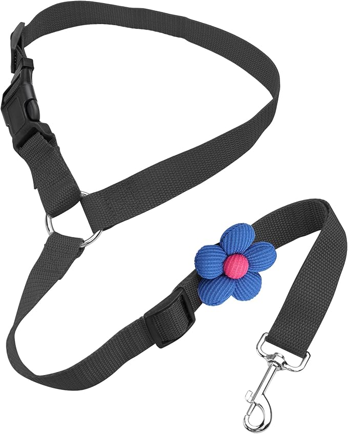 YAOHDAO Dog Seat Belt Harness for Car, Restraint Adjustable with Elastic Bungee Buffer Headrest for Vehicle, 360 Degree Swivel Nylon Pet Safety Seat Belts Car Harness (Black with Flowers)