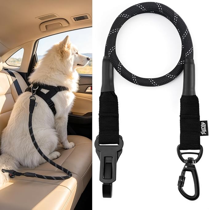 Dog Seat Belt for Car, Universal Dog Car Seatbelt with Buckle and Hook Latch, 360° Rotatable Lockable Clasp, Reflective Safety Pet Harness for Vehicle, Pet Safety Restraint, Black