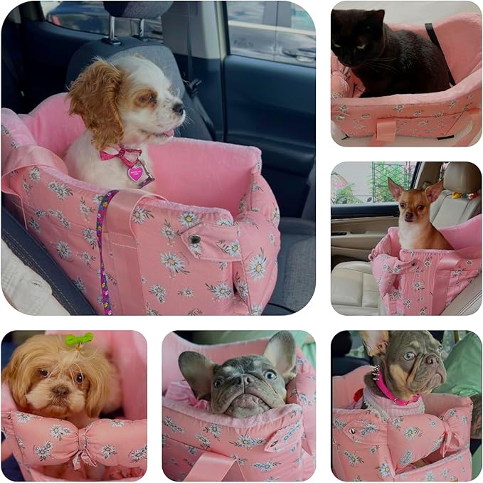 Console Dog Car Seat - Portable Dogs Armrest Booster Seat for Small Dog, Anti-Collapse Pet Car Seat with Soft Cushion Safety Belt, Support Pet Up to 11lbs (Pink Daisy)
