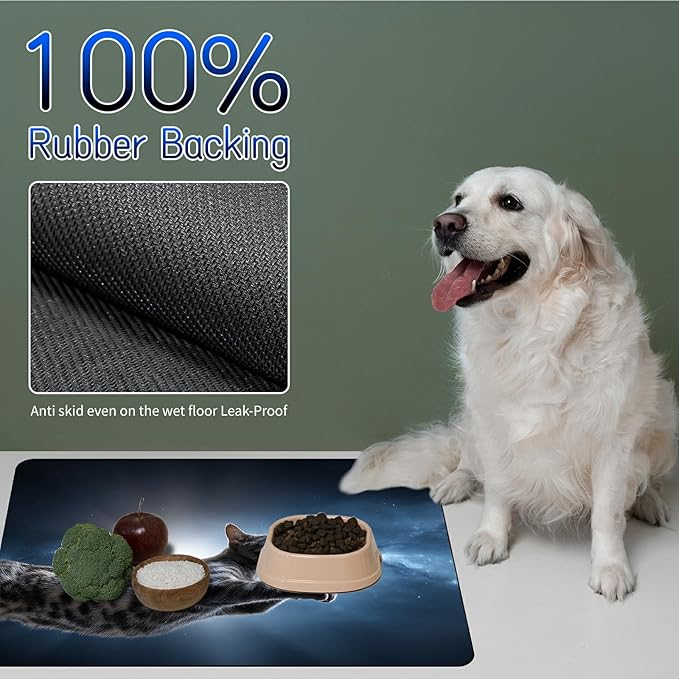 Dog Food Mat, 19.6" x 23.6" Absorbent Pet Feeding Mat for Food and Water, Waterproof Diatom Mud Pet Placemat with Non-Slip Rubber Backing, Easy Clean Cat Bowl Mat for Floors - Gray Cat Galaxy