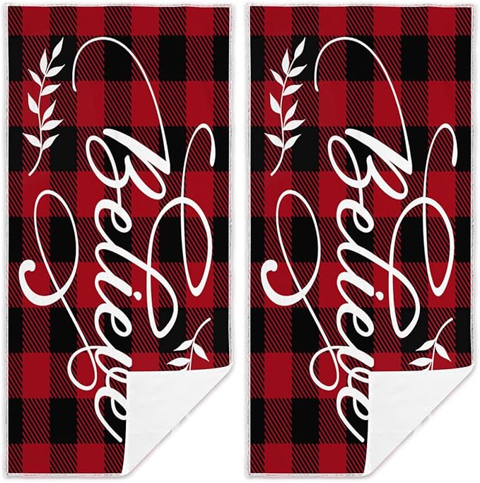 Christmas Believe Hand Towels Set of 2 Winter Christmas Red Black Buffalo Plaid Checkered Absorbent Bathroom Towel Soft Decorative Towels for Bathroom, Hotel 29.1 X 13.8 Inch