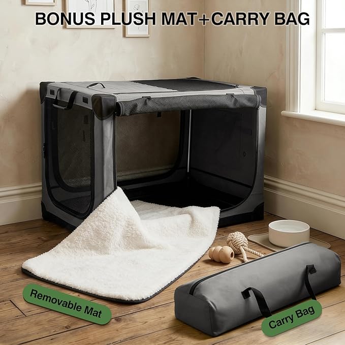 Veraste 24" L x 17" W x 17" H Collapsible Travel Dog Crate, Portable Soft Dog Kennel for Small Medium Pets up to 30 lbs, 4-Door Foldable Travel Crate with Durable Mesh & Storage Bag, Grey