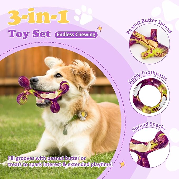 Furdog Indestructible Dog Toy 3Pack, Dog Chew Toys for Aggressive Chewers, Tough Dog Toys to Keep Them Busy for Medium Large Breed, Bacon Flavor (Purple)