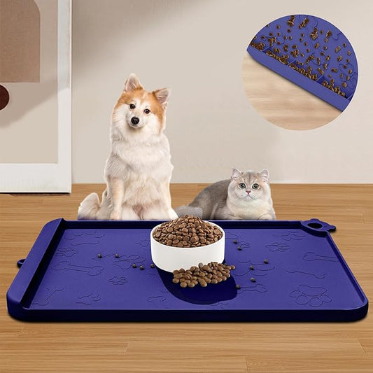 Silicone Dog Food Mat With Residue Collection Pocket - Waterproof Pet Feeding Mat for Cats and Dogs, Raised Edges, Hooks, Placemats for Water Bowl