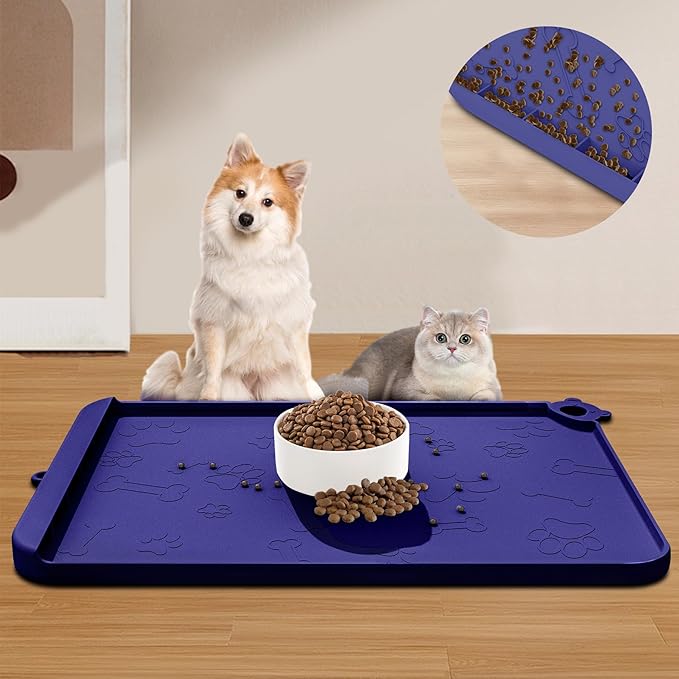 Dog Food Mat, Silicone Dog Mat for Food and Water -Pet Feeding Mats with Residue Collection Pocket, Waterproof Dog Cat Bowl Mats with Raised Edges and Hooks, Placemats for Cats and Dogs Water Bowl