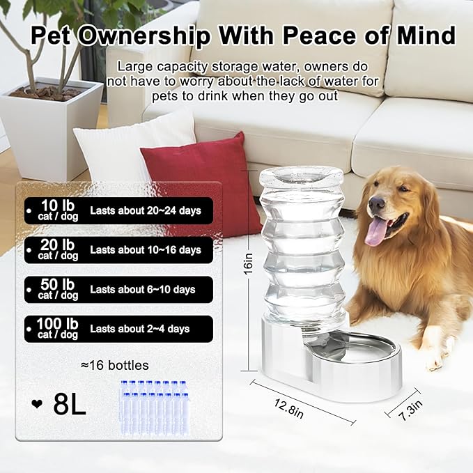 RIZZARI 8L Stainless Steel Gravity Pet Water Dispenser – Auto-Refill Waterer with Filtered Hydration Design for Dogs & Cats, Fresher Daily Drinking for Multi-Pet Homes & Indoor Spaces
