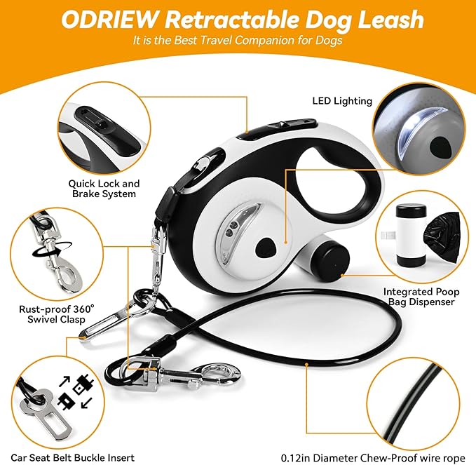 Heavy Duty Retractable Dog Leash for Large Dogs, 26ft Dog Leash with Poop Bag Holder, Up to 110lbs, chew Proof Cable, LED Light, 360° No-Tangle, One-Handed Pause & Locked (White, L 26ft)