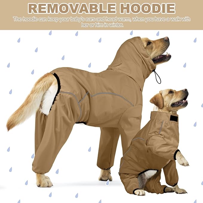 Dog Raincoat, Waterproof Dog Rain Jacket with Removable Hood，Adjustable 4 Legs Pet Poncho with Leash Hole，Reflective Stripe Hooded Snowproof Windproof Clothes for Small to 3X-Large Dogs, L