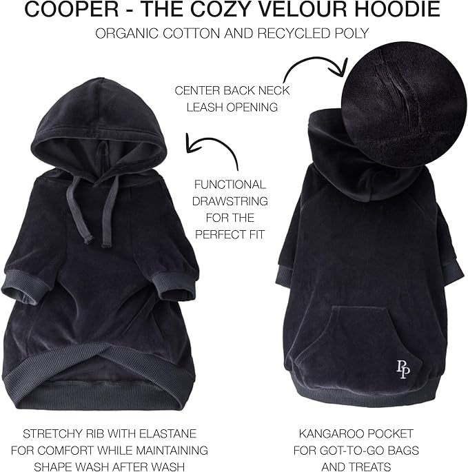Pet Passion Cooper II Organic Cotton Velour Dog Hoodie Pet Coat for Small, Medium and Large Dogs, Black, XX-Small (4-7 lbs)