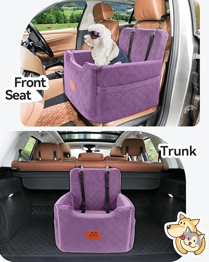 GL GLENSLAVE Dog Car Seat for Small/Medium Dogs Under 35lbs,Memory Foam Dog Booster Seats,Detachable and Washable Traval Pet Car Seat, Dogs Bed with 2 Safety Belts (Purple)