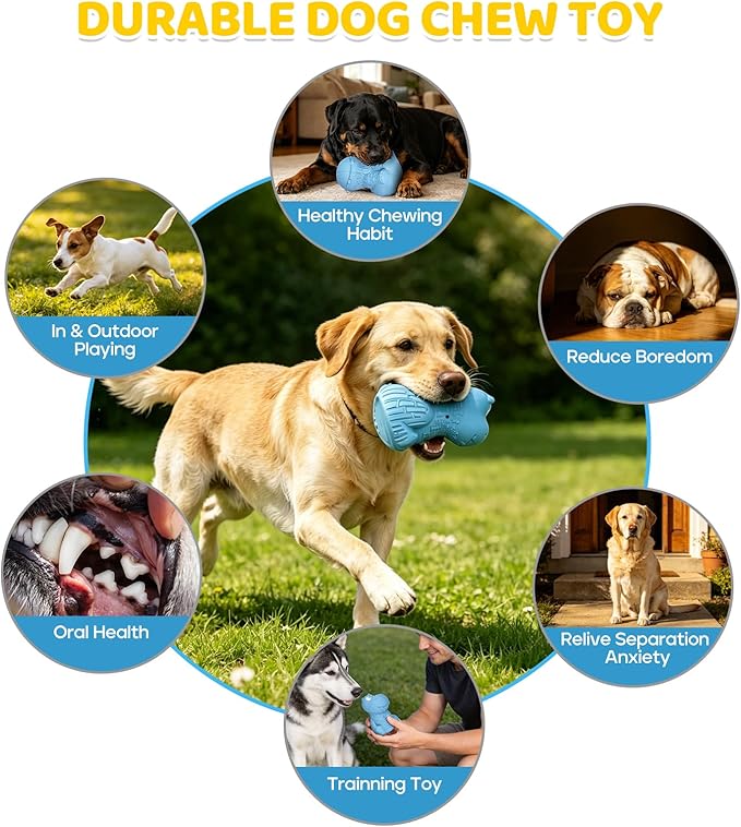 petizer Tough Squeaky Dog Toys for Aggressive Chewers - Durable Natural Latex Rubber Dog Toy with Real Beef Scent, Indoor & Outdoor Trainning Toy for Medium, Large Breeds - Blue Hippo