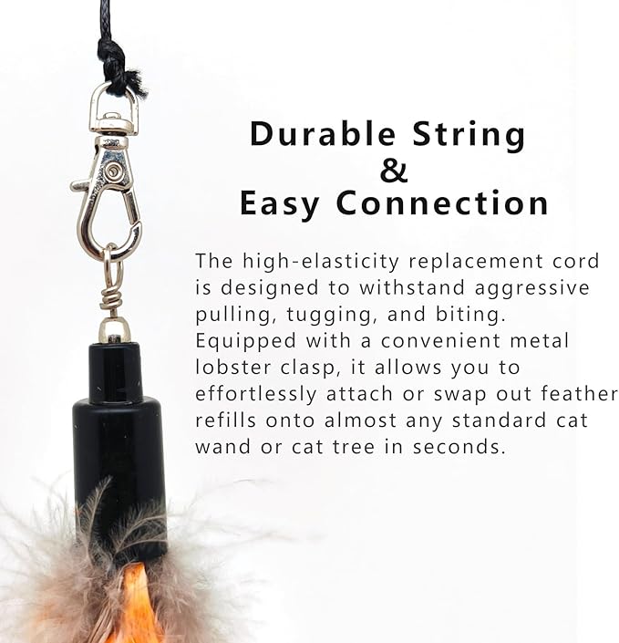 7 PCS Cat Wand Toy Refills - 6 Pack Natural Feather Attachments & 1 Replacement Elastic String with Lobster Clasp, Interactive Teaser Toy Refills for Indoor Cats and Kittens(6 Feather Refills)