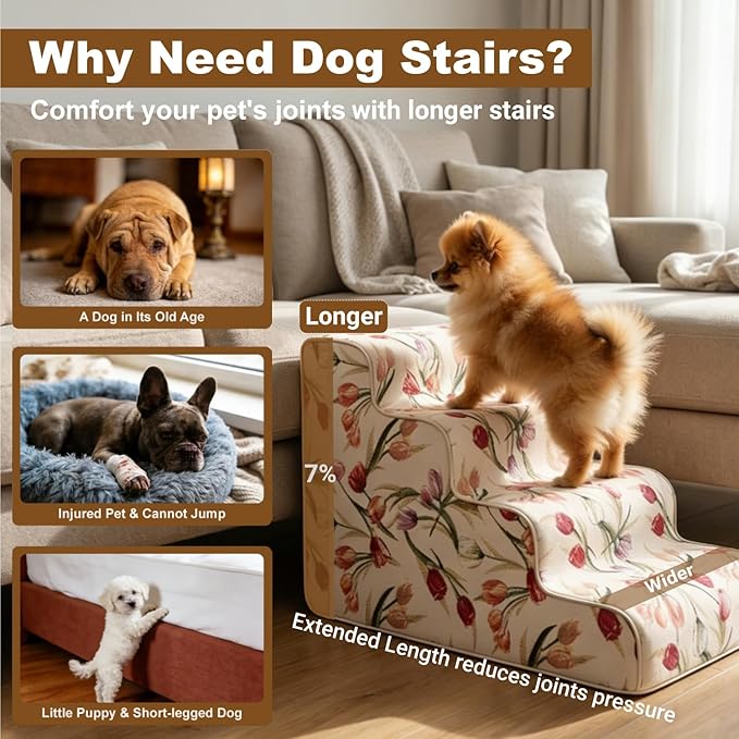 4-Step Dog Stairs for Bed & Couch 18" H, Extra Long Dog Steps for Bed with 30D Foam, Country Style Pet Stairs for Small Dogs and Older Cats, Beige