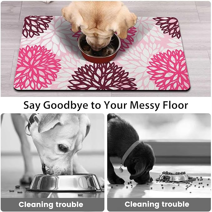 Dog Food Mats for Floors, Absorbent and Quick-Drying Pet Cat Food Mat,Anti-Fouling and Easy-to-Clean Pet Feeding Mat,Dog Bowl Mat for Messy Drinking Water Bowls.17x27, Bohemia Dahlia Floral Style