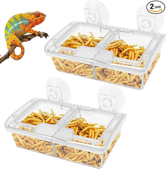 Hamiledyi Transparent Reptile Feeder with Suction Cup Separated Double Compartments Chameleon Bowl Gecko Live Worm Feeder Anti-Escape Reptile Supplies for Lizard Bearded Dragon (White, 2 Pcs)