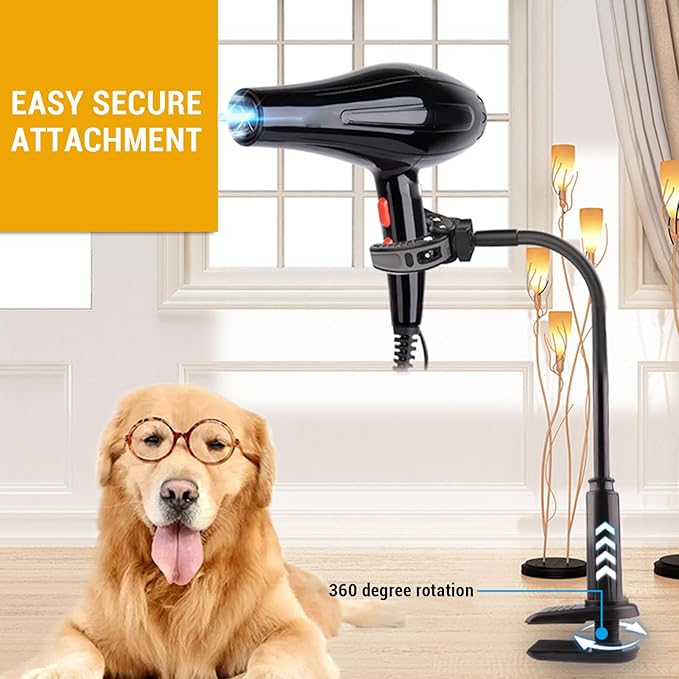 Luocute Pet Hair Dryer Stand with Clamp, 360 Deg Rotation Strong Load Bearing, Hands Dog Grooming Stand for Table, Wall Mounted Hairdryer Mount for Light Weight Sit Under Blowdryer