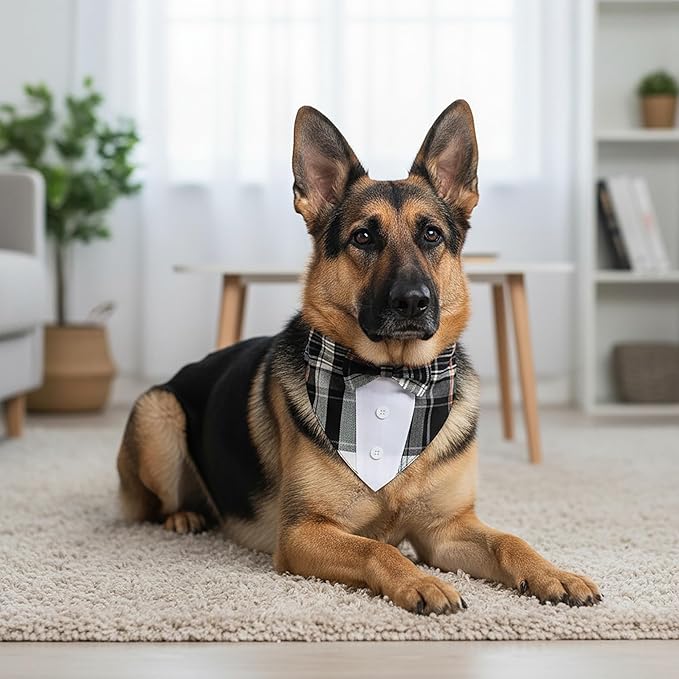 ADOGGYGO Black Dog Tuxedo Bandana, Plaid Bow Tie Collar, Adjustable Black Plaid Wedding Costume for Extra Large Dogs (XL)