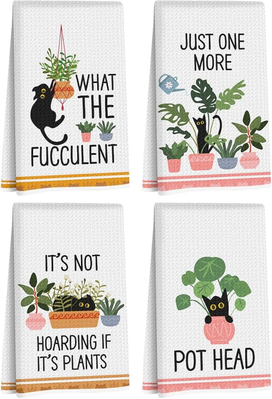 Hanamiya Na 4 Pcs Funny Cat Kitchen Towels, Plant Lover Gifts for Women Gardener Mom, Reusable Waffle Hand Towels for Bathroom Kitchen Home Farmhouse Decor, Cat Lover Gifts for Women, 24x14 Inch