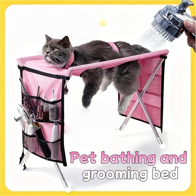 Pet Grooming Hammock for Small Dogs & Cats, Foldable Stainless Steel Grooming Table with Storage Pockets, Pet Bathing Support Stand for Nail Trimming & Drying(Black)
