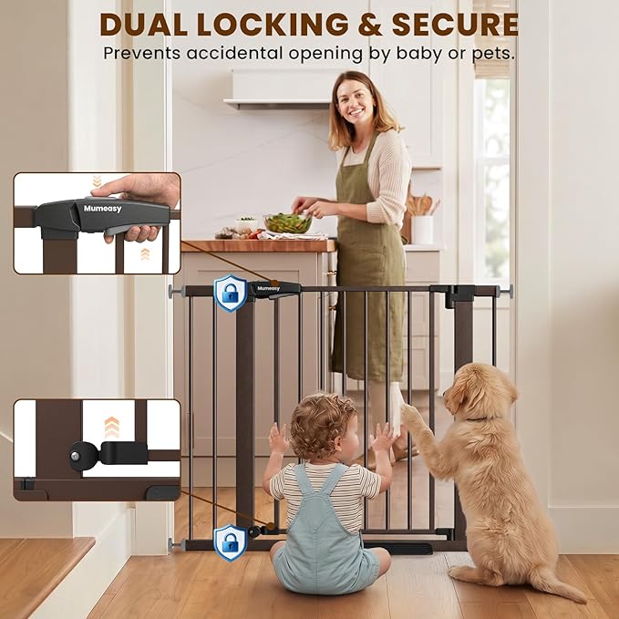Mumeasy 29.7-40.6" Baby Gate for Stairs, Auto Close Dog Gate for Doorways, Pressure Mounted No Drill Pet Gate with Easy Walk Thru Door, Double Lock, Brown