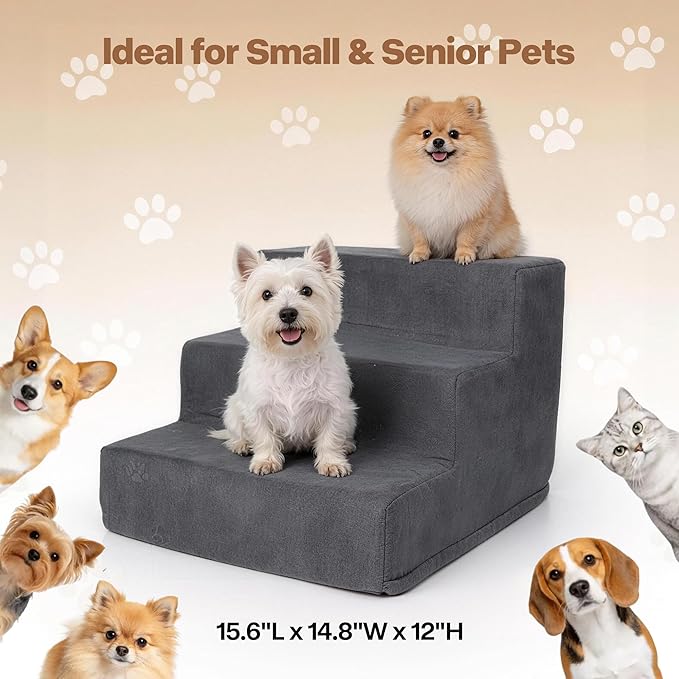 Pawise 3 Step Dog Stairs for Small Dogs Cats, Blue Suede Pet Steps, Non-Slip Pet Stairs for Couch Sofa Bed, Indoor Portable Dog Ramp with Zipper Bottom for Medium Large Dogs and Puppy