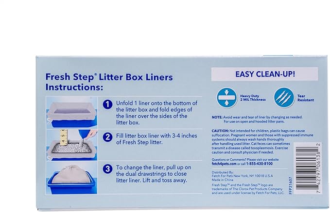 Fresh Step Jumbo Drawstring Cat Litter Box Liners, Heavy Duty Unscented Kitty Litter Bags for Oval Rectangle Pans, Easy Lift Cleanup, 36 x 19 Inches, 15 Count, 12 Pack