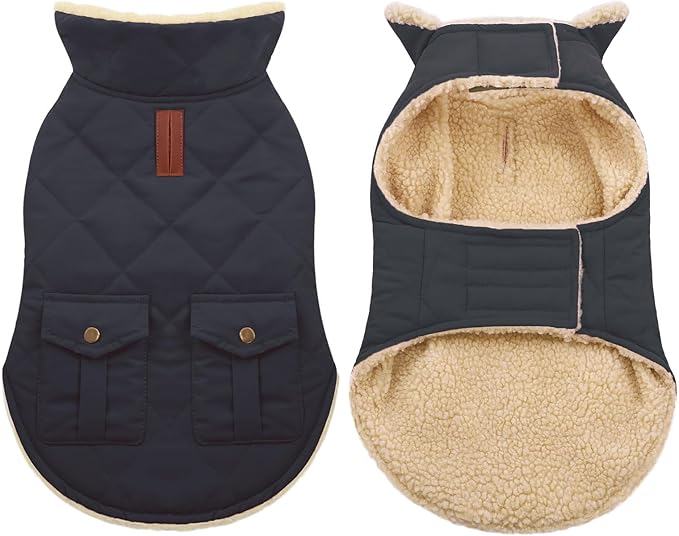 ASENKU Warm Dog Winter Coat, Waterproof Dog Coat for Cold Weather, Fleece Dogs Jacket with Ultra Thick Plush Lining Leash Hole Storage Pockets for Medium Dogs (Navy Blue, Medium)