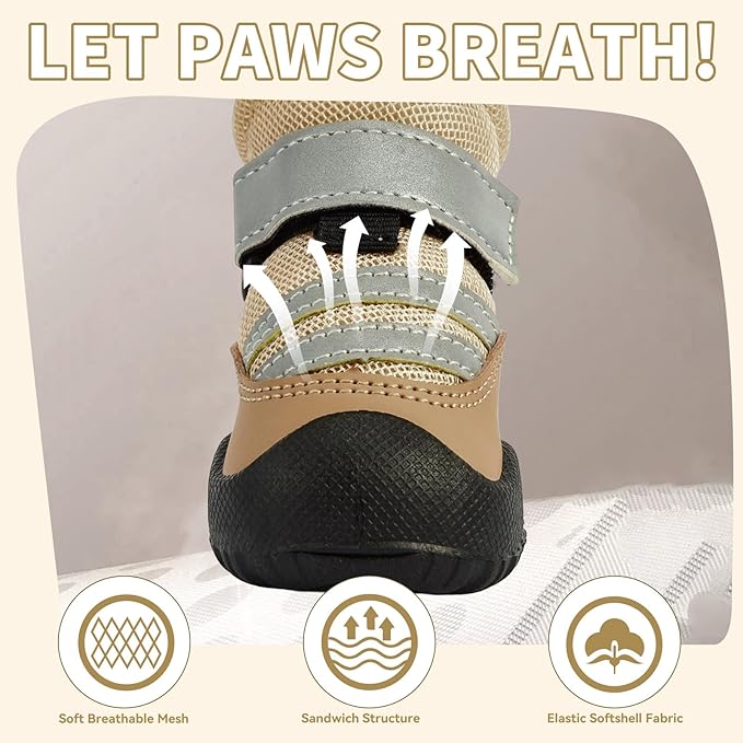 Dog Boots, Waterproof Dog Shoes with Reflective Straps, Rugged Anti-Slip Sole Paw Protectors for Medium Large Dogs, Breathable Pet Booties for Hot Pavement, Snow, Hiking, 4Pcs