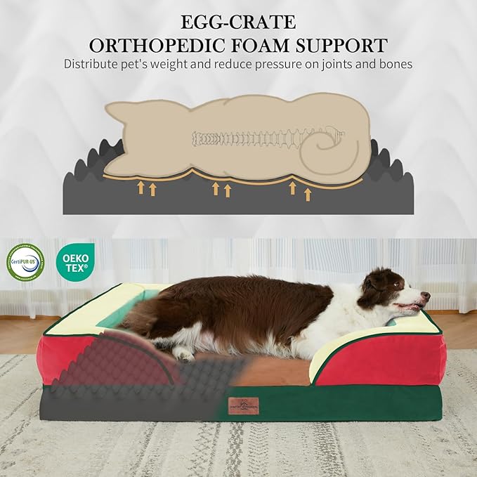 Comfort Expression Orthopedic Dog Bed for Extra Large Dogs 45x35 Inch, Waterproof Egg Crate Foam XL Pet Bed with Bolsters, Dog Couch with Washable Cover & Non-Slip Bottom, Watermelon Mist