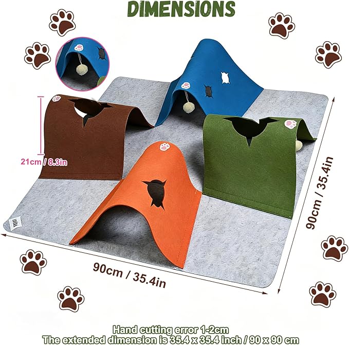 Cat Tunnel Play Mat for Indoor Cats, Felt Interactive Pet Toy with Hidden Ball, Enrichment Activity Rug, Collapsible Cave for Kittens & Small Pets (Colorful)