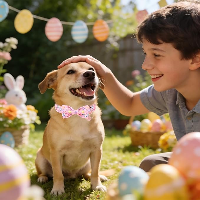 Easter Day Dog Collar with Bow, UP URARA PUP Easter Eggs Adjustable Pet Collar Bowtie with Metal Buckle, Colorful Eggs Cotton Dog Collars for Small Medium Large Dogs, S
