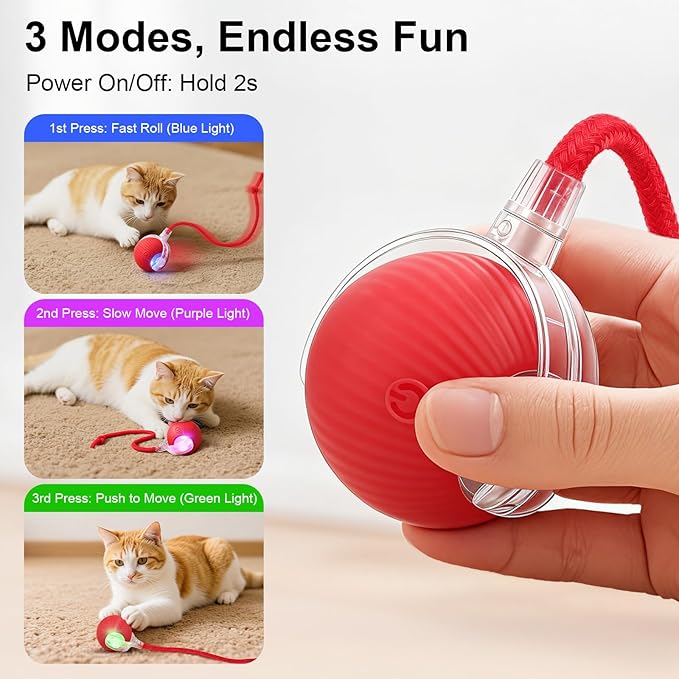 Smart Interactive Automatic Electric Rolling Moving Rechargeable Motion Activated Self Solo Play Electronic Stimulation Chase Teaser Ball Toy with Rope for Indoor Bored Adult Cat and Dog, Green