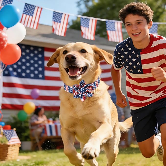 4th of July American Flag Dog Collar, DOGWONG Red Blue Flower Dog Collars with Metal Adjustable Buckle, Comfortable Independence Day Dogs Collars for Small Puppy Dogs