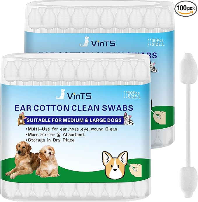 VinTS 100 PCS Cotton Dog Ear Cleaning Swabs, Pet’s Ear Infection Treatment Gourd-Shaped Swabs Prevent Accidental Injuries, Safer Cleaning for Dogs and Cats– Small Size.100% Cotton