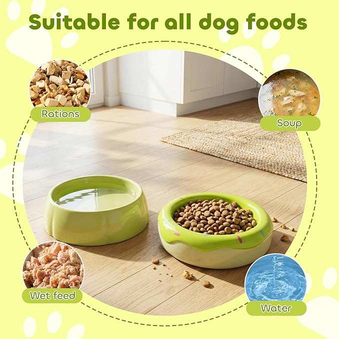 Donut Duo Ceramic Dog Bowl, Dog Water Bowl and Dog Food Bowl, Pet Bowls (Green)