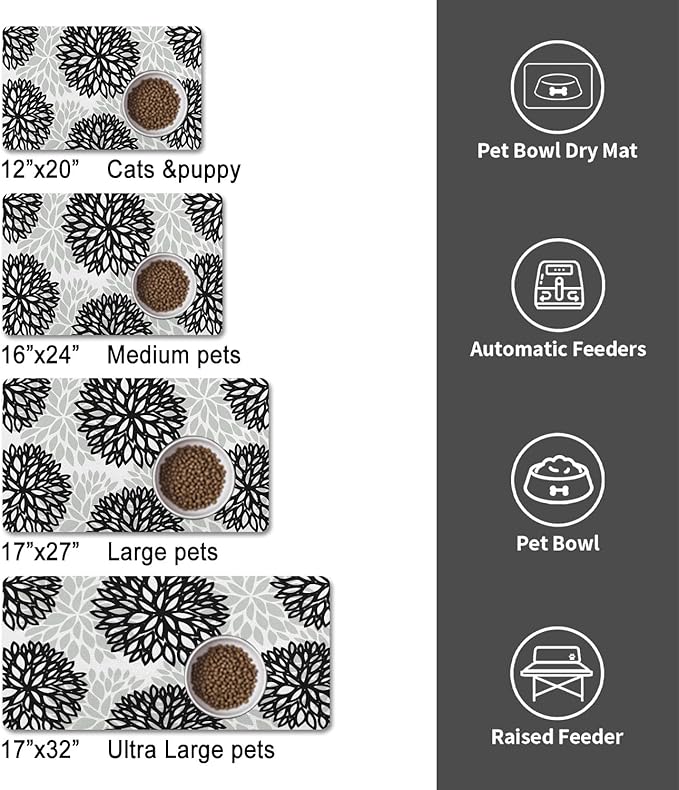 Dog Food Mats for Floors, Absorbent and Quick-Drying Pet Cat Food Mat,Anti-Fouling and Easy-to-Clean Pet Feeding Mat,Dog Bowl Mat for Messy Drinking Water Bowls.12x20, Bohemia Dahlia Floral Style