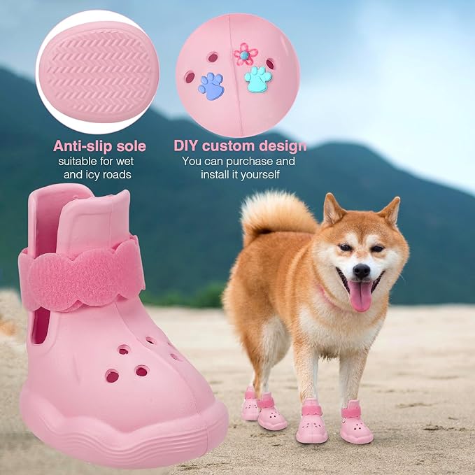 Dog Shoes for Hot Pavement and Snow - Waterproof, Non-Slip, Breathable Booties with Adjustable Straps for Small Medium, and Large Dogs (Pink, XL)