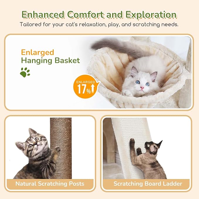 Globlazer 52in Cat Tower for Multiple Indoor Cats, Heavy Duty Multi-Level Cat Tree with 3 Cozy Condos, 4 Natural Sisal Scratching Posts and Cozy Basket Bowl, F52B, Beige