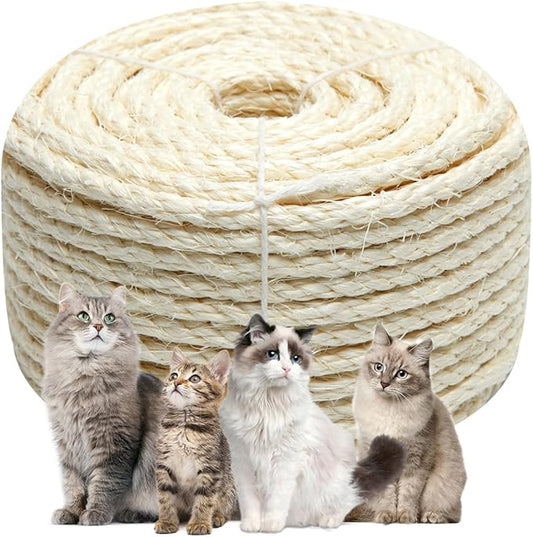 Natural Sisal Rope 1/4 Inch 6mm 164-Feet for Cat Scratching Post Tree Tower Replacement Repair and Replace, DIY Hemp Twine Rope for Cat Scratching Furniture Window Perch and Crafts Gardening